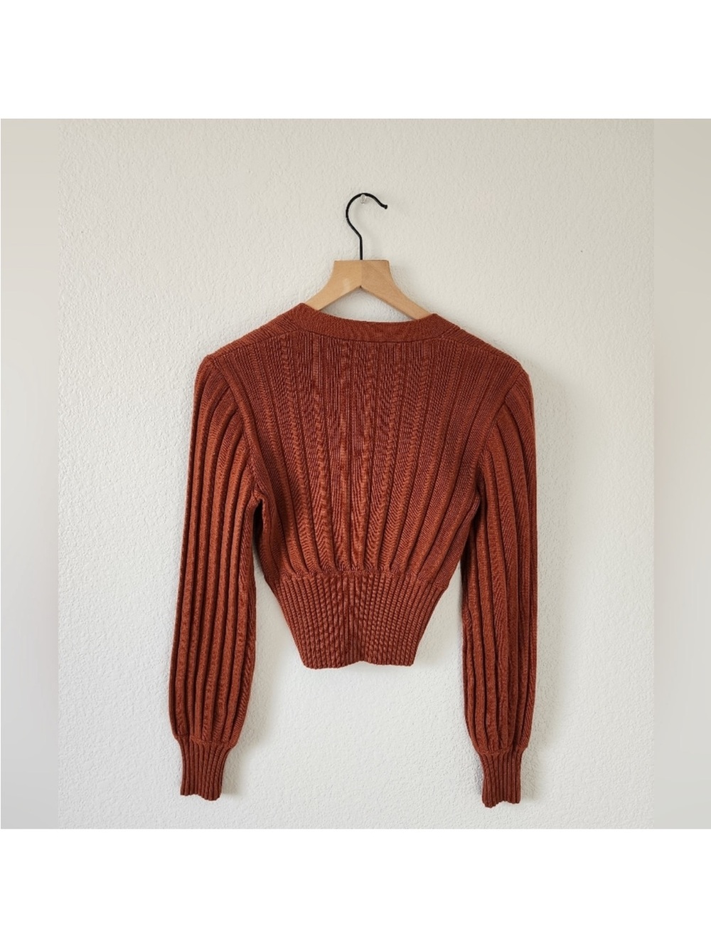 Deep V Ribbed Button-Up Sweater Cardigan - Rust - Picture 3 of 10